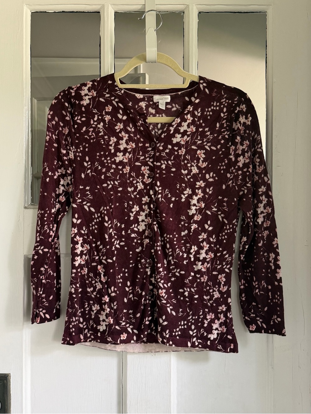 Garnet Hill Burgundy Floral Button-Front Cardigan